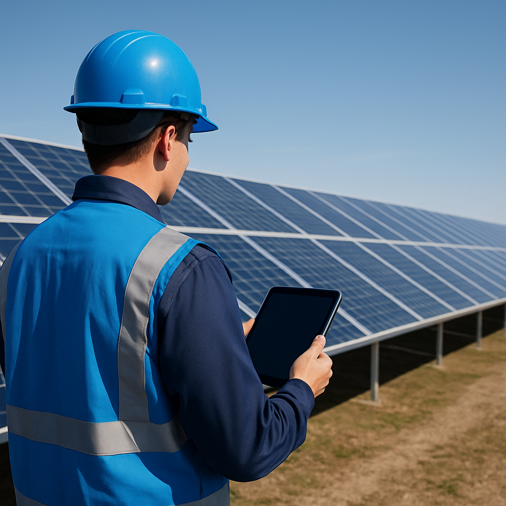 Technician inspecting solar panels